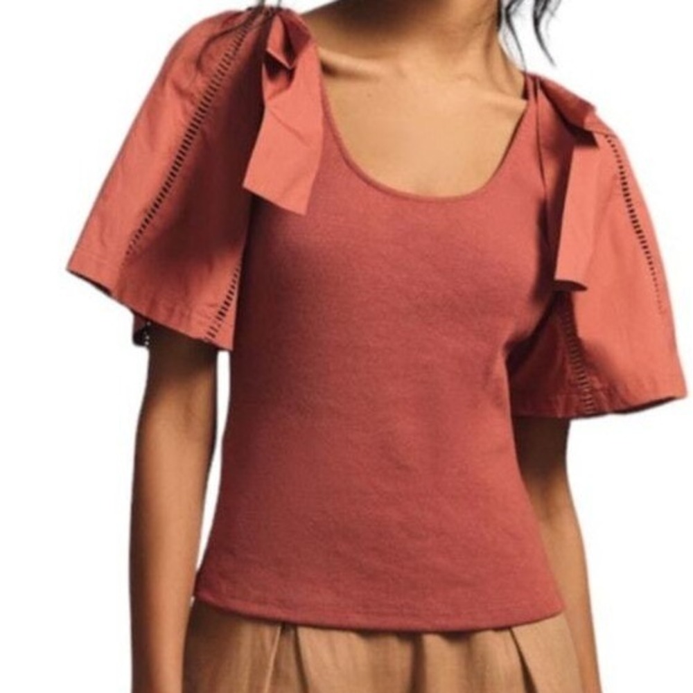 Dolan Left Coast Collection Rust‎ Ribbed Puff Sleeve Bow Top XXS Terracotta